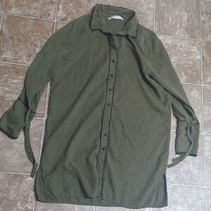 Zara 1975 Denim Olive Green Long Sleeve Midi Dress Size Medium